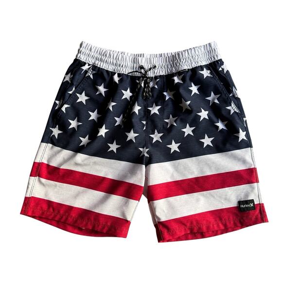 Hurley Shorts Mens S Swim Trunks American Flag Drawstring Patriotic Red White - Picture 1 of 7